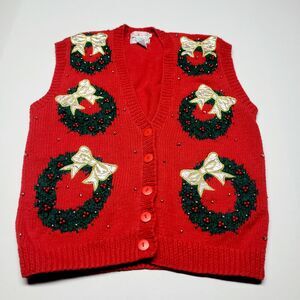 Vintage Talbots Knitted By Hand Country Christmas Sweater Vest Size S Wreaths